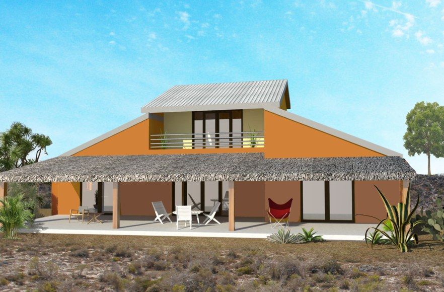 Concept Sud: ochre house with a metal roof, front view